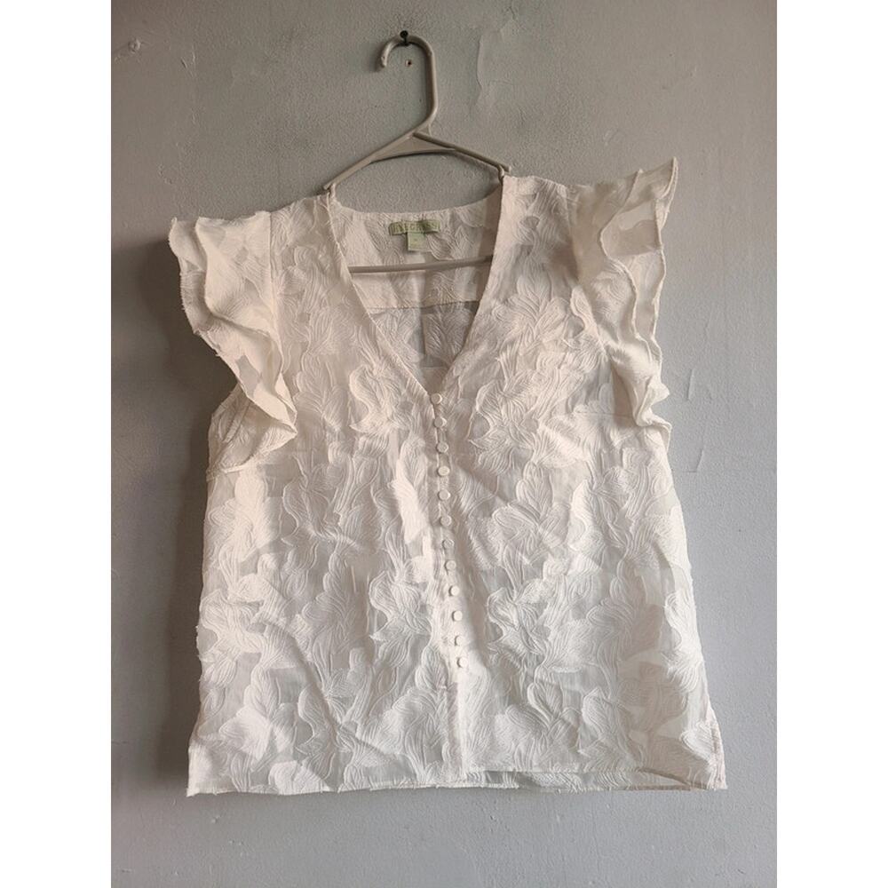 Women's medium white ruffle short sleeve button up floral overlay shirt